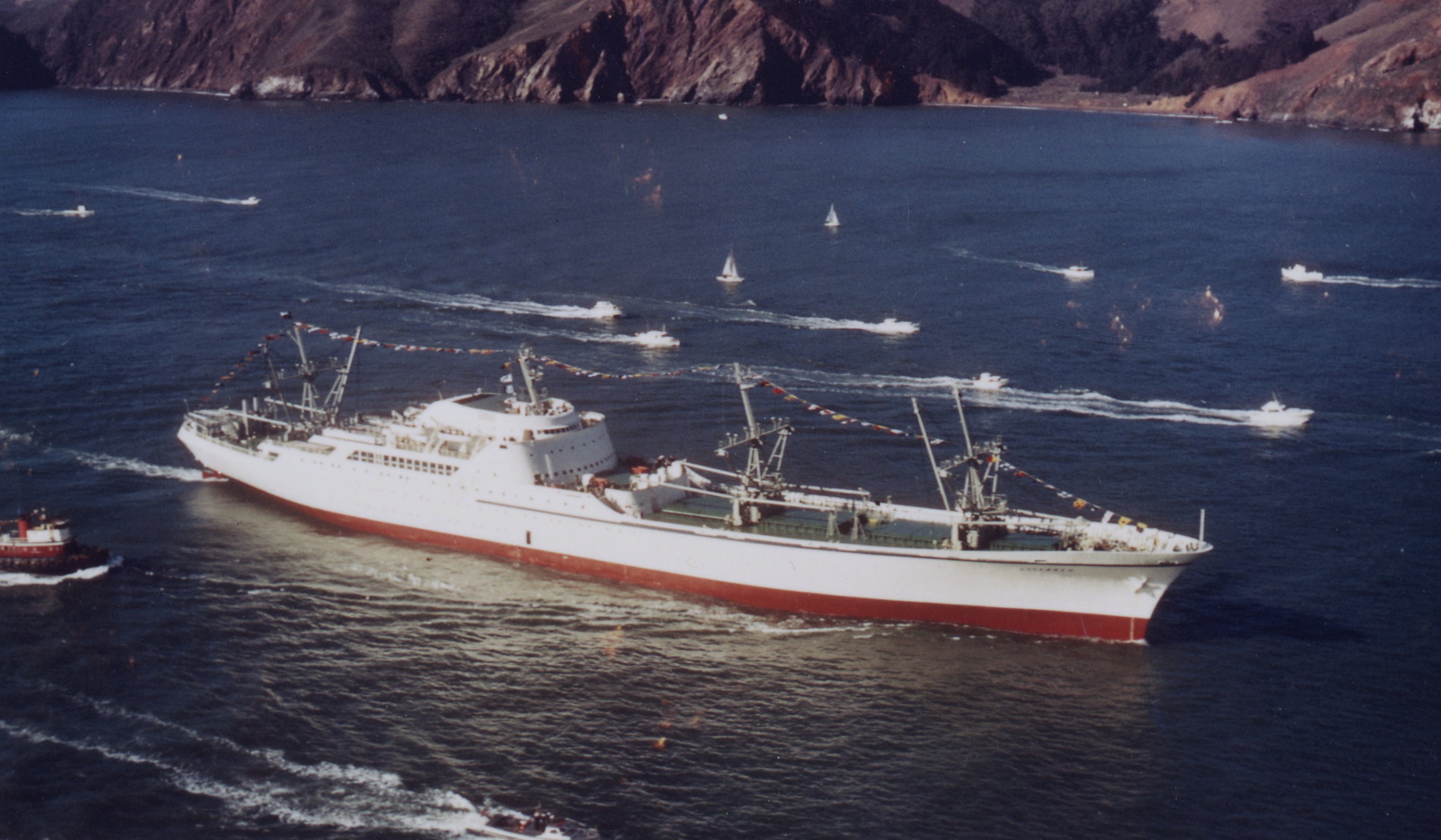 The NS Savannah, the first nuclear powered merchant vessel. It was largely experimental and suffered design issues unrelated to its engine. Source: US Government NARA (Public domain), via Wikimedia Commons.