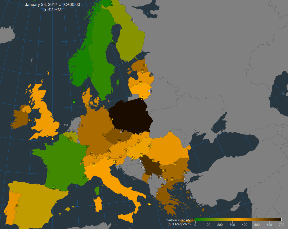 The carbon intensity of electricity across Europe, at 5:30PM GMT January 28 2017. Germany and Denmark, darlings of renewable energy proselytisers, are mediocre at best. The countries with the cleanest electricity are Norway (hydro), Sweden (hydro and nuclear), and France (nuclear). Source: electricitymap.org